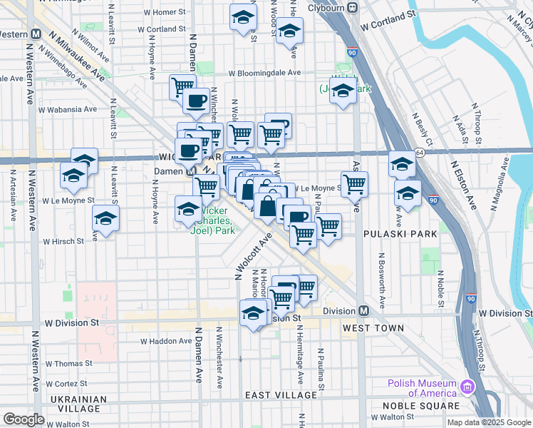 map of restaurants, bars, coffee shops, grocery stores, and more near 1418 North Elk Grove Avenue in Chicago