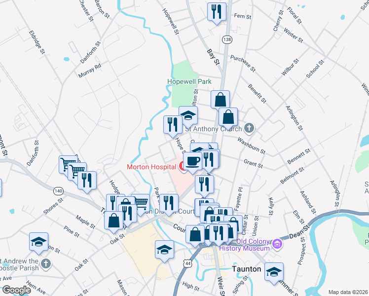 map of restaurants, bars, coffee shops, grocery stores, and more near 36 Adams Street in Taunton