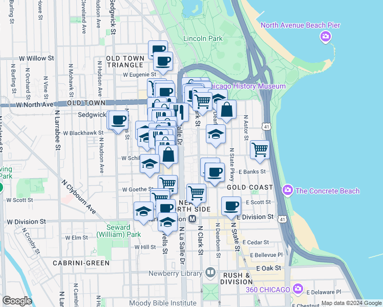 map of restaurants, bars, coffee shops, grocery stores, and more near 1418 North Sandburg Terrace in Chicago