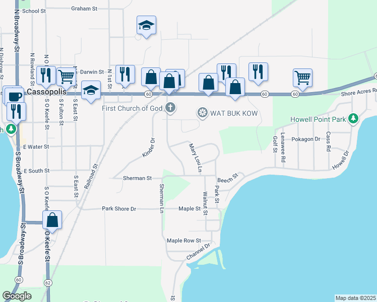 map of restaurants, bars, coffee shops, grocery stores, and more near 61235 Mary Lou Lane in Cassopolis