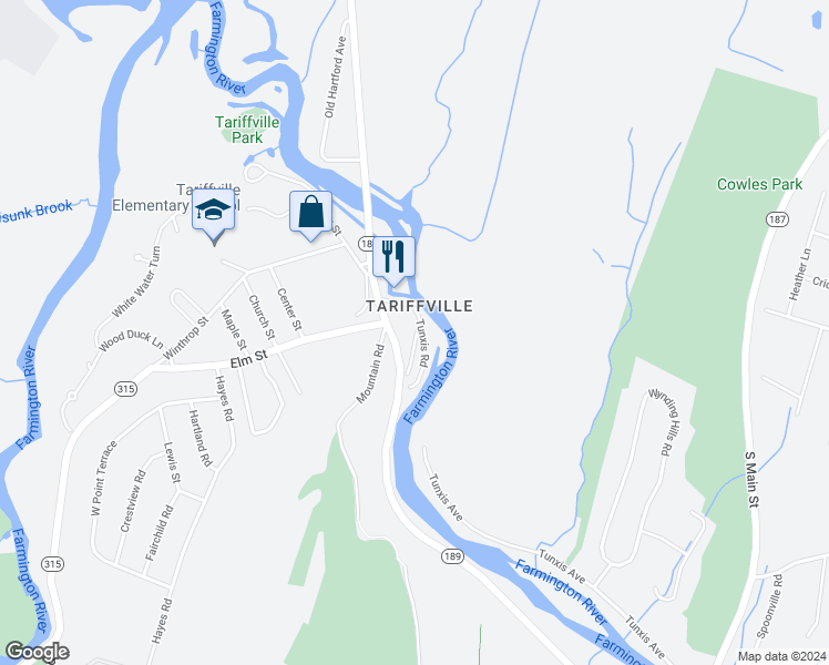 map of restaurants, bars, coffee shops, grocery stores, and more near 21 Tunxis Road in Simsbury