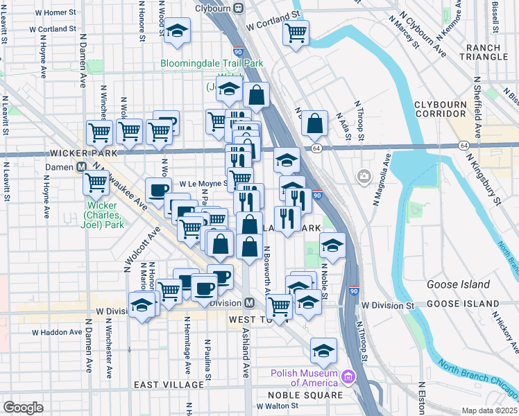map of restaurants, bars, coffee shops, grocery stores, and more near 1430 North Bosworth Avenue in Chicago