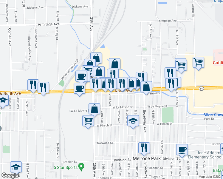 map of restaurants, bars, coffee shops, grocery stores, and more near 2359 West North Avenue in Melrose Park