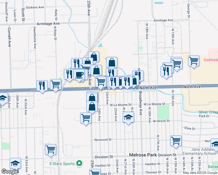 map of restaurants, bars, coffee shops, grocery stores, and more near 2350 West North Avenue in Melrose Park