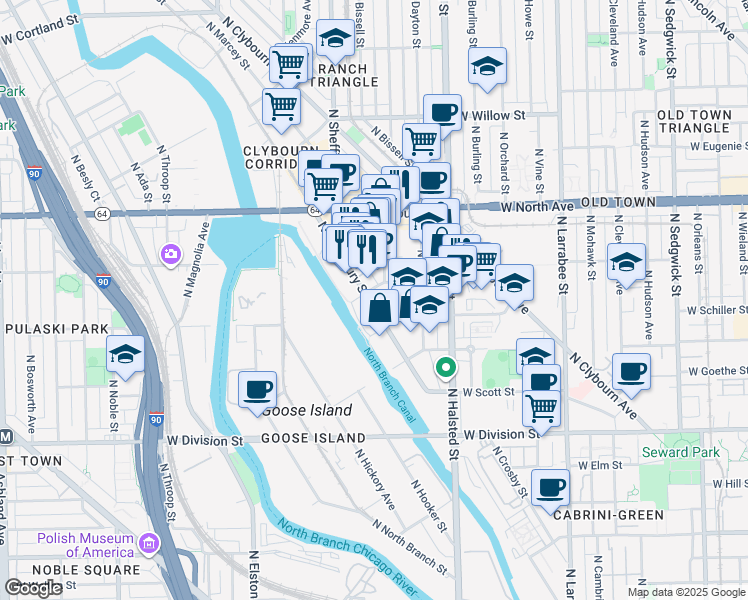 map of restaurants, bars, coffee shops, grocery stores, and more near 1476 North Fremont Street in Chicago