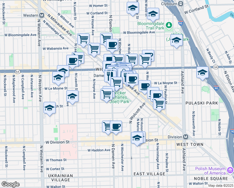 map of restaurants, bars, coffee shops, grocery stores, and more near 1425 North Damen Avenue in Chicago