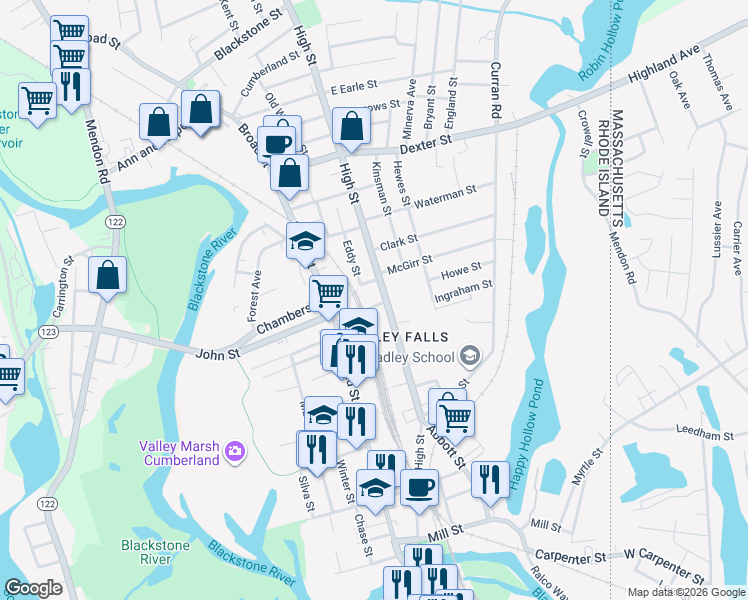 map of restaurants, bars, coffee shops, grocery stores, and more near 2 Patt Avenue in Cumberland