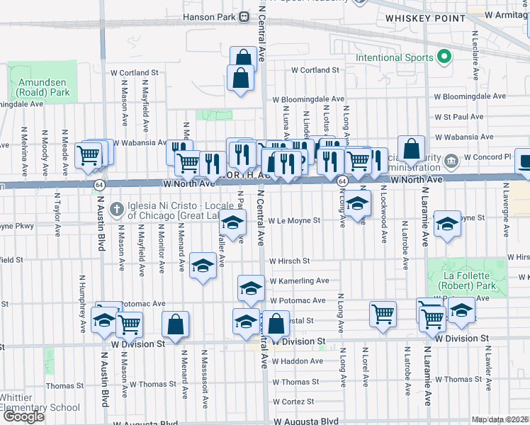 map of restaurants, bars, coffee shops, grocery stores, and more near 1511 North Central Avenue in Chicago