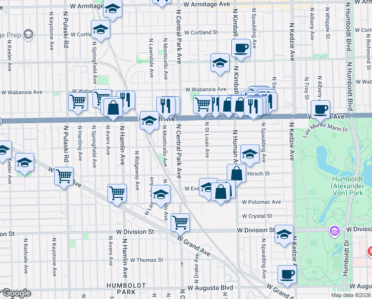 map of restaurants, bars, coffee shops, grocery stores, and more near 3528 West Le Moyne Street in Chicago
