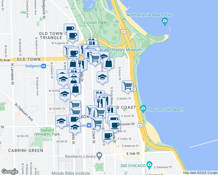 map of restaurants, bars, coffee shops, grocery stores, and more near in Chicago
