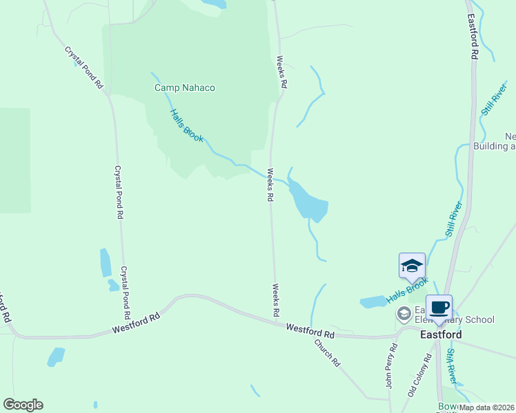 map of restaurants, bars, coffee shops, grocery stores, and more near 41 Weeks Road in Eastford