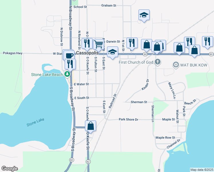 map of restaurants, bars, coffee shops, grocery stores, and more near 507 East Water Street in Cassopolis