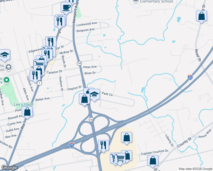 map of restaurants, bars, coffee shops, grocery stores, and more near 21 Park Drive in Attleboro