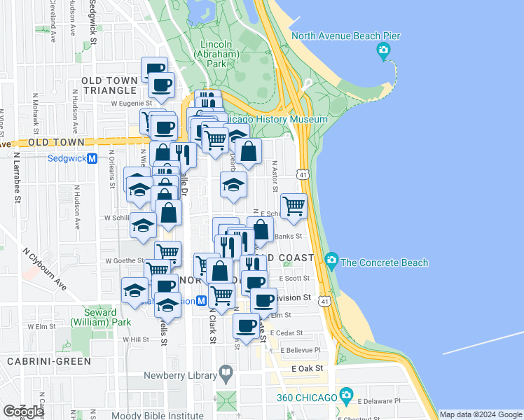 map of restaurants, bars, coffee shops, grocery stores, and more near in Chicago