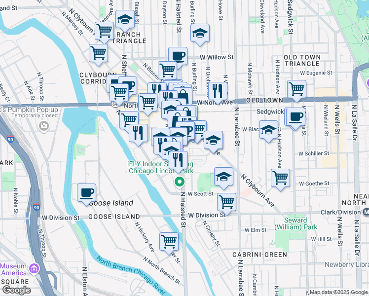 map of restaurants, bars, coffee shops, grocery stores, and more near 1457 North Halsted Street in Chicago