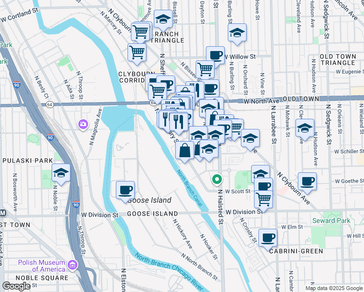 map of restaurants, bars, coffee shops, grocery stores, and more near 1476 North Fremont Street in Chicago