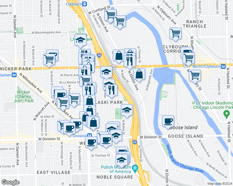 map of restaurants, bars, coffee shops, grocery stores, and more near 1432 North Noble Street in Chicago