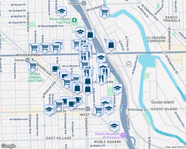 map of restaurants, bars, coffee shops, grocery stores, and more near 1451 North Bosworth Avenue in Chicago