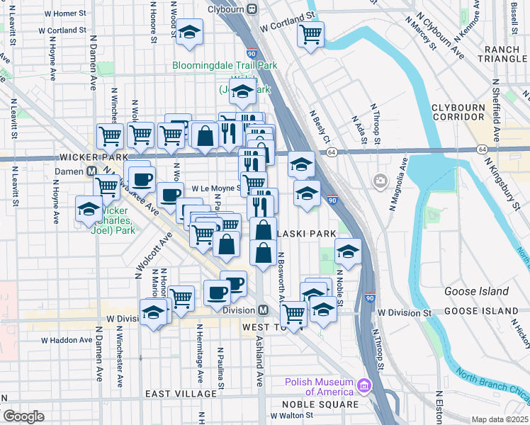 map of restaurants, bars, coffee shops, grocery stores, and more near in Chicago