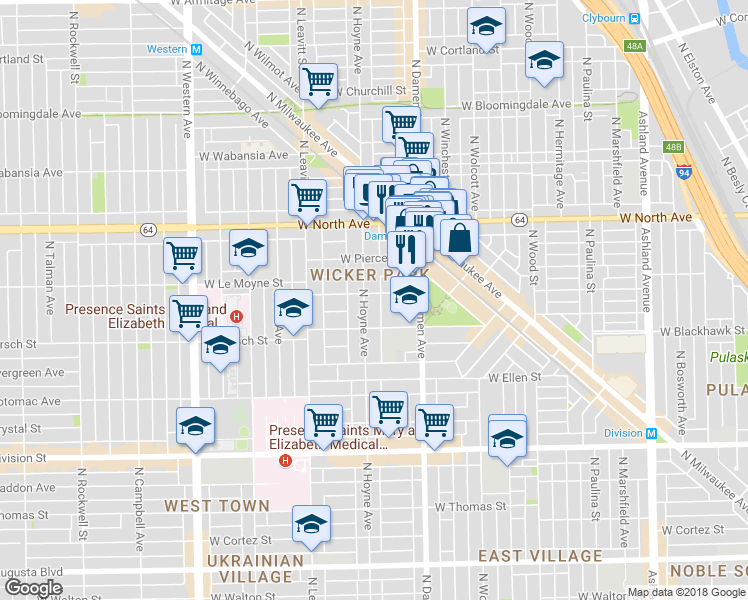 map of restaurants, bars, coffee shops, grocery stores, and more near in Chicago