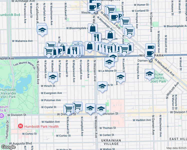map of restaurants, bars, coffee shops, grocery stores, and more near 1510 North Claremont Avenue in Chicago