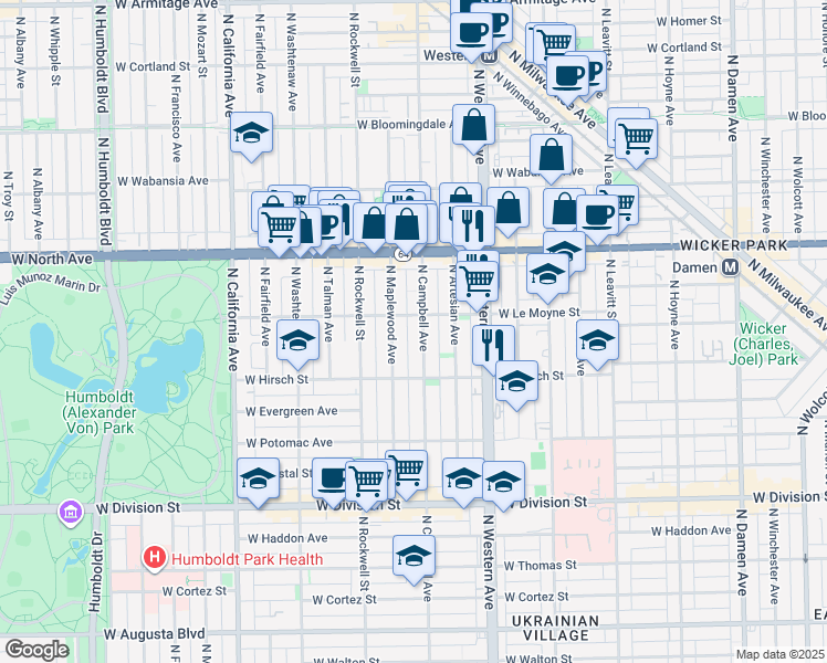 map of restaurants, bars, coffee shops, grocery stores, and more near in Chicago