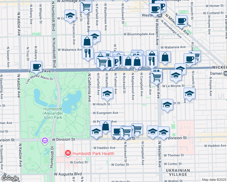 map of restaurants, bars, coffee shops, grocery stores, and more near 2614 West Le Moyne Street in Chicago