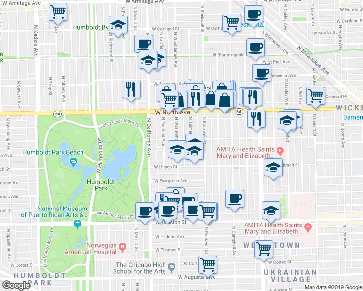 map of restaurants, bars, coffee shops, grocery stores, and more near 2654 West Le Moyne Street in Chicago