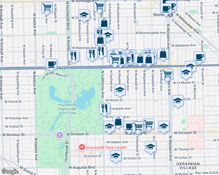 map of restaurants, bars, coffee shops, grocery stores, and more near 1502 North Fairfield Avenue in Chicago