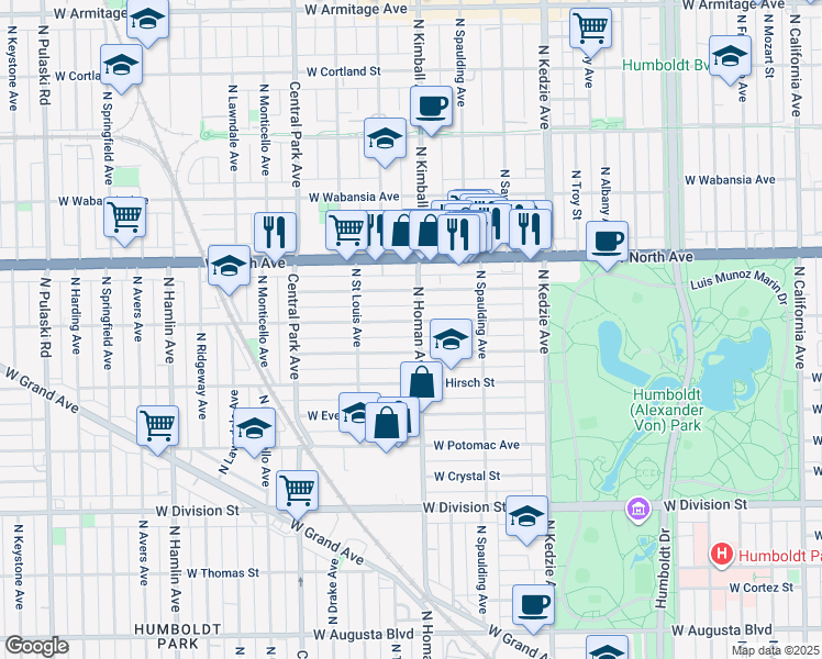 map of restaurants, bars, coffee shops, grocery stores, and more near 3412 West Le Moyne Street in Chicago