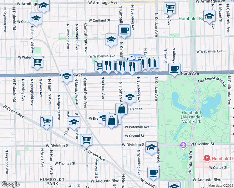map of restaurants, bars, coffee shops, grocery stores, and more near 3412 West Le Moyne Street in Chicago