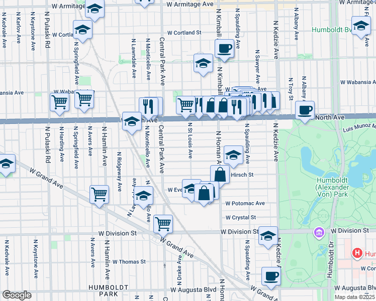 map of restaurants, bars, coffee shops, grocery stores, and more near 3450 West Le Moyne Street in Chicago