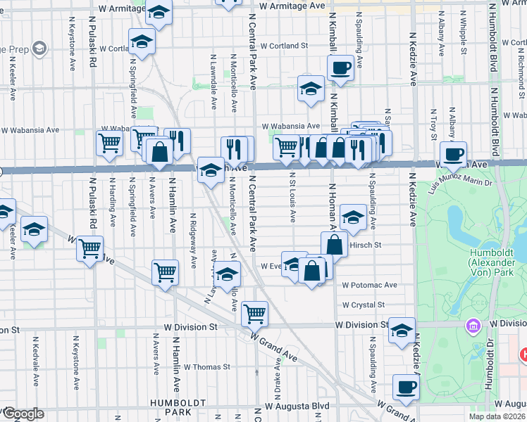 map of restaurants, bars, coffee shops, grocery stores, and more near 3528 West Le Moyne Street in Chicago