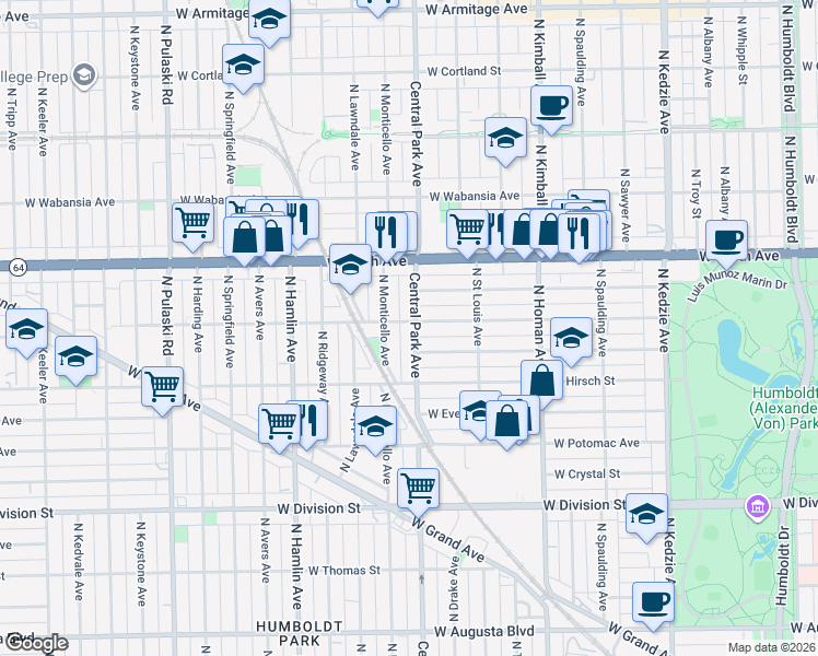 map of restaurants, bars, coffee shops, grocery stores, and more near 1508 North Central Park Avenue in Chicago