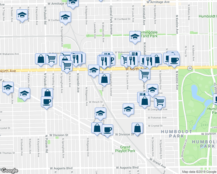 map of restaurants, bars, coffee shops, grocery stores, and more near 1508 North Central Park Avenue in Chicago
