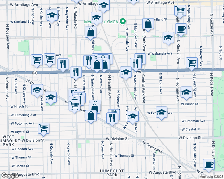 map of restaurants, bars, coffee shops, grocery stores, and more near 1509 North Hamlin Avenue in Chicago