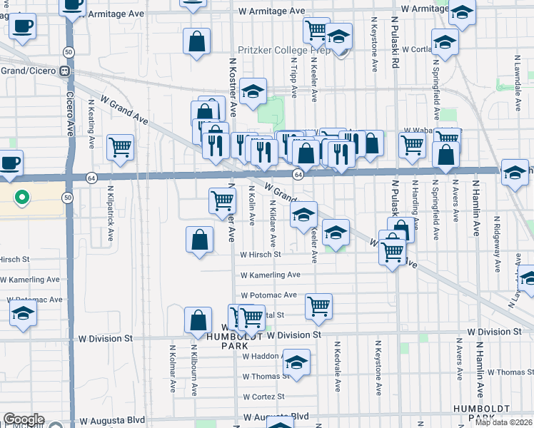 map of restaurants, bars, coffee shops, grocery stores, and more near 1523 North Kildare Avenue in Chicago