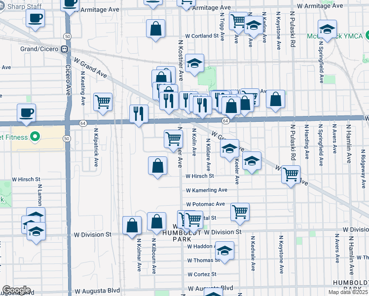 map of restaurants, bars, coffee shops, grocery stores, and more near 1520 North Kostner Avenue in Chicago