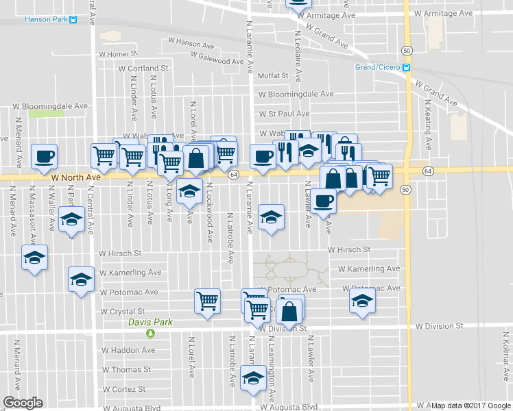 map of restaurants, bars, coffee shops, grocery stores, and more near 1528 North Laramie Avenue in Chicago