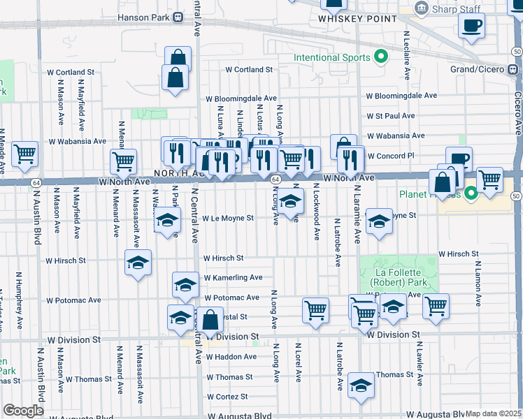 map of restaurants, bars, coffee shops, grocery stores, and more near 1529 North Lotus Avenue in Chicago