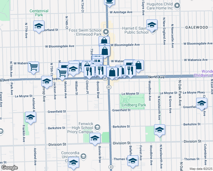 map of restaurants, bars, coffee shops, grocery stores, and more near in River Forest