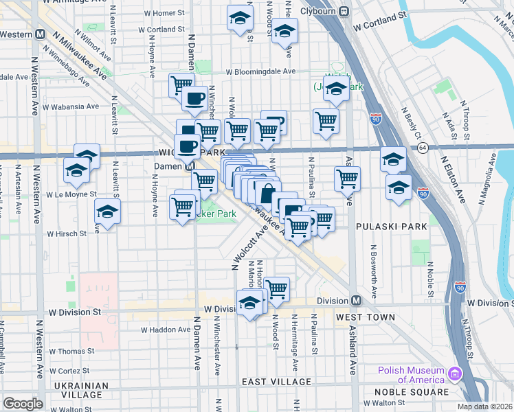 map of restaurants, bars, coffee shops, grocery stores, and more near 1433 North Milwaukee Avenue in Chicago