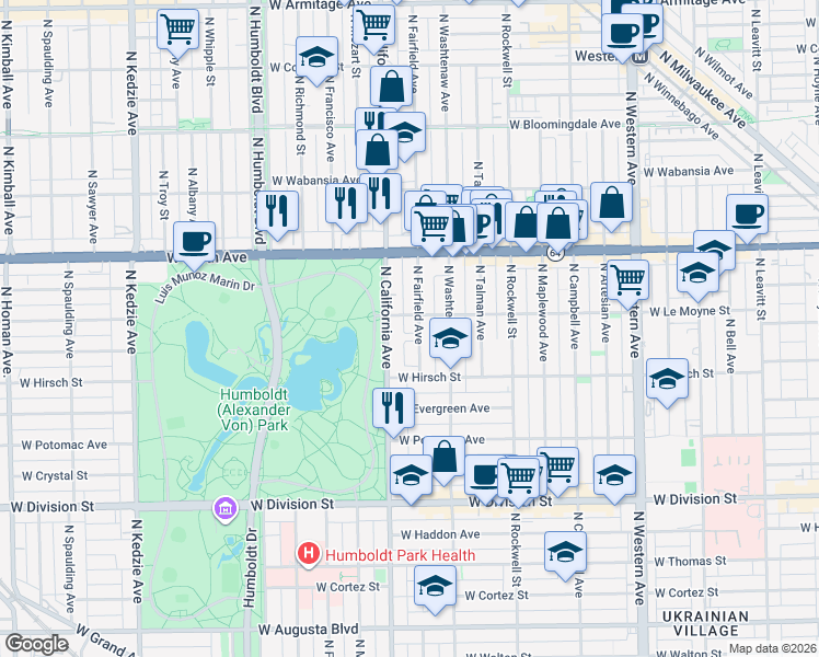 map of restaurants, bars, coffee shops, grocery stores, and more near 1502 North Fairfield Avenue in Chicago