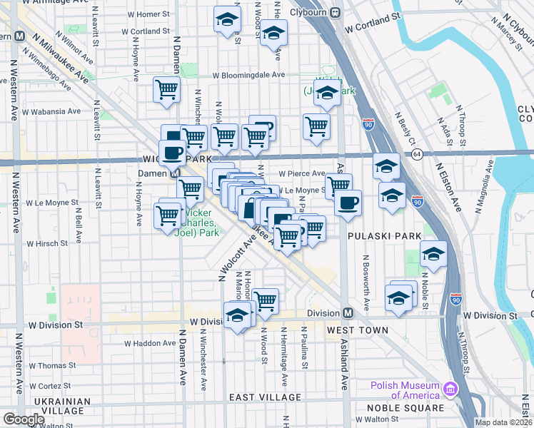 map of restaurants, bars, coffee shops, grocery stores, and more near 1746 West Julian Street in Chicago