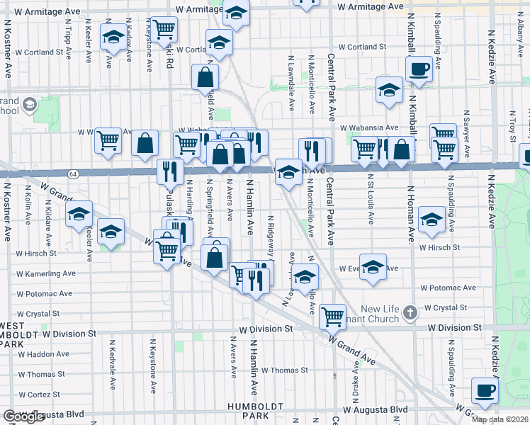 map of restaurants, bars, coffee shops, grocery stores, and more near 3722 West Le Moyne Street in Chicago