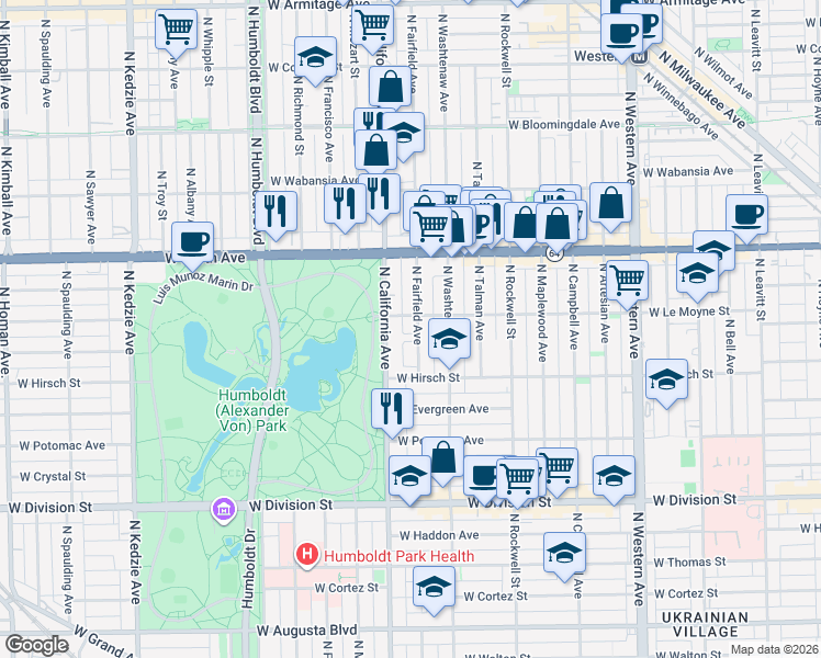 map of restaurants, bars, coffee shops, grocery stores, and more near 1502 North Fairfield Avenue in Chicago