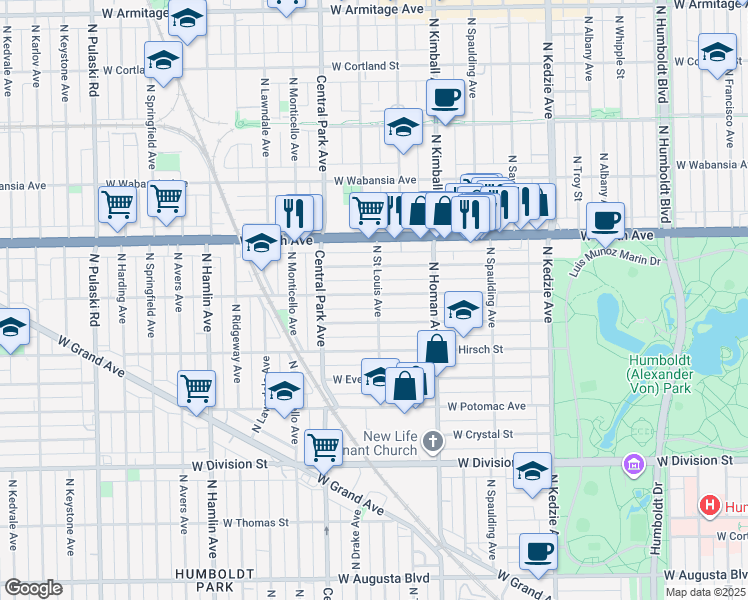map of restaurants, bars, coffee shops, grocery stores, and more near 3450 West Le Moyne Street in Chicago