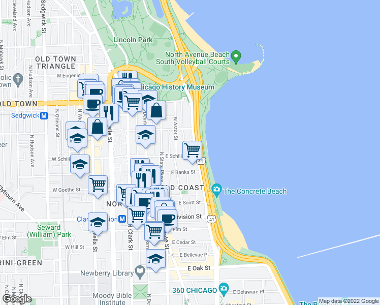 map of restaurants, bars, coffee shops, grocery stores, and more near 1421 North Astor Street in Chicago