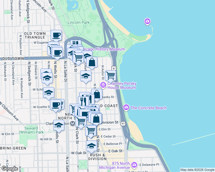 map of restaurants, bars, coffee shops, grocery stores, and more near 1421 North Astor Street in Chicago