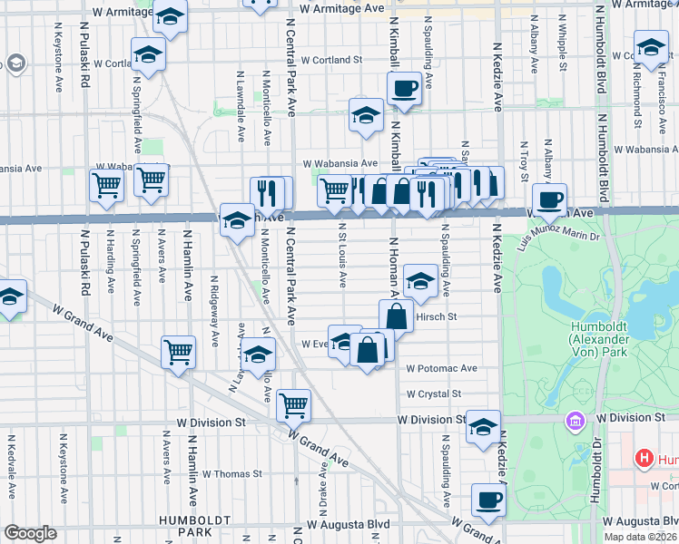 map of restaurants, bars, coffee shops, grocery stores, and more near 3450 West Le Moyne Street in Chicago
